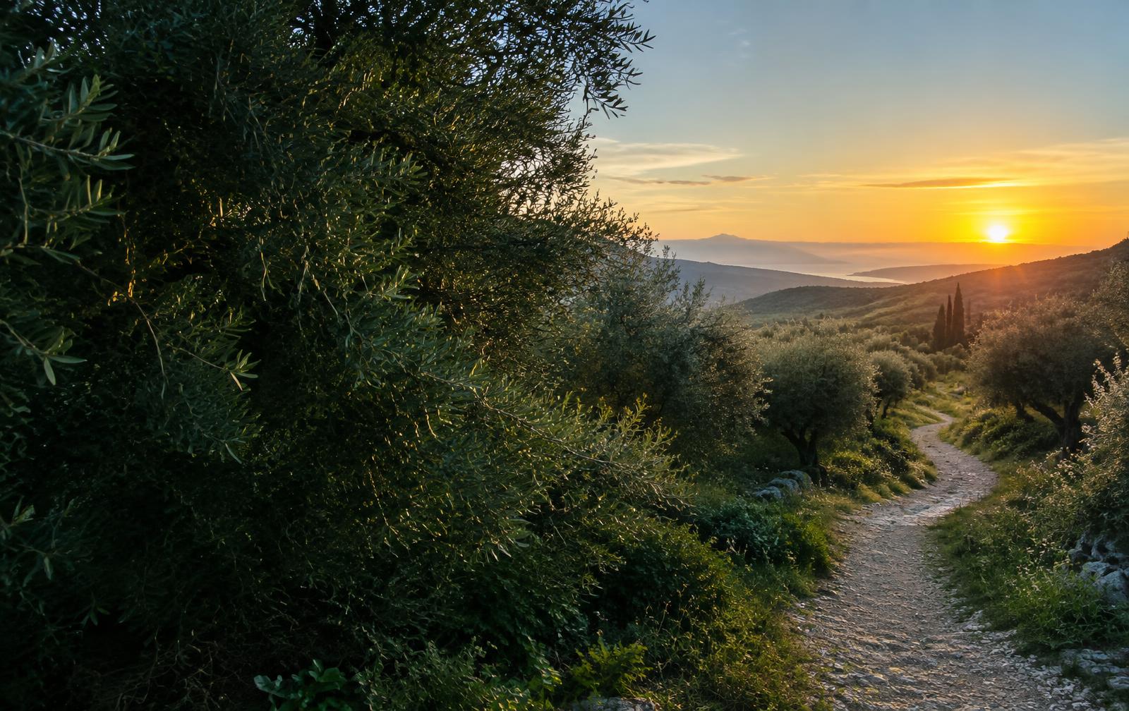 Un camino entre olivos hacia la luz del amanecer