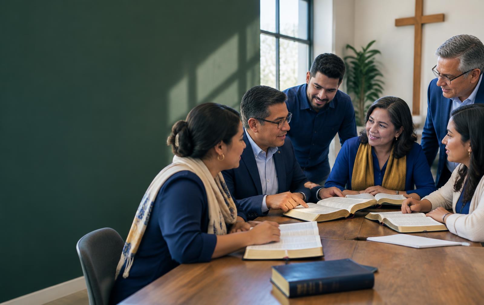 Pastores y líderes de una iglesia compartiendo una lectura de la Biblia